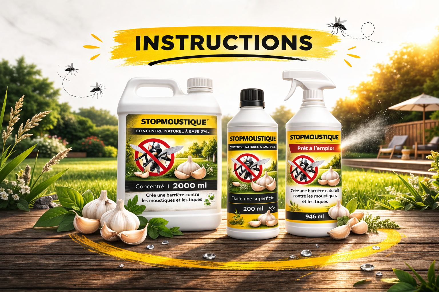 Instructions pour l'utilisation du répulsif à base d'ail STOPMOUSTIQUE